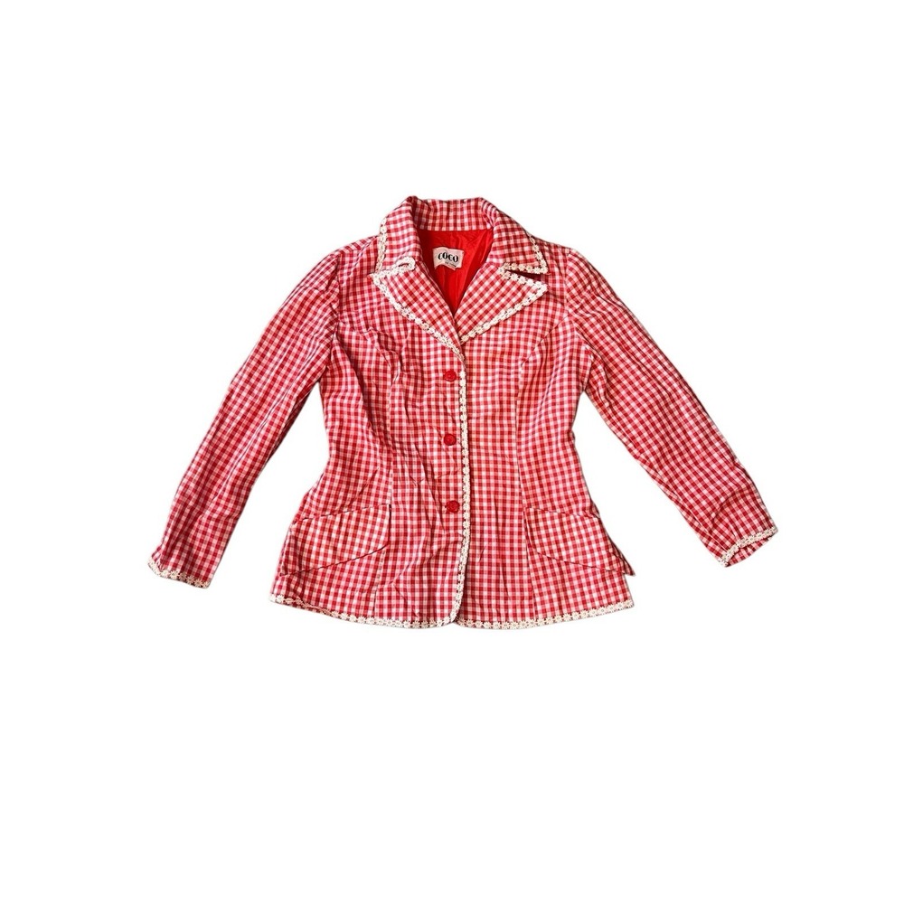 Vtg COCO California Red &‎ White Checkered Blazer Women's Small Flower Trim